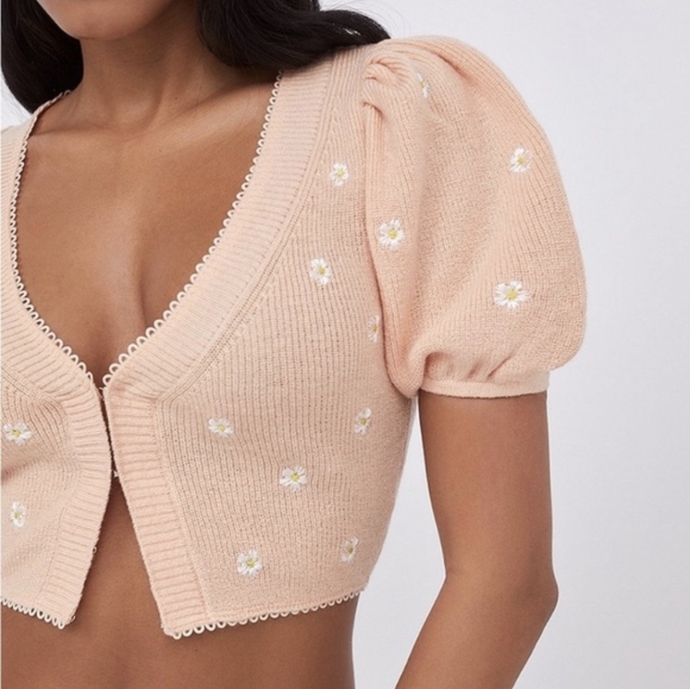 For Love & Lemons Embroidered Buds Puff Sleeve Cropped Cardigan M - Picture 10 of 15